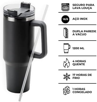 Copo Térmico com Tampa 1200 Ml Caneca Térmica Com Canudo e Tampa Grande Inox Parede Dupla (Preto)