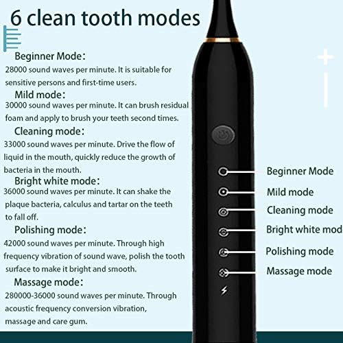 Escova de dentes elétrica sônica recarregável ideal para adultos e crianças, 6 modos opcionais, IPX7 USB, escova de dentes ultrassônica elétrica com temporizador embutido de 2 minutos