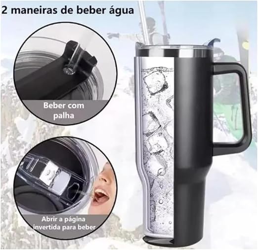 Copo Térmico com Tampa 1200 Ml Caneca Térmica Com Canudo e Tampa Grande Inox Parede Dupla (Preto)