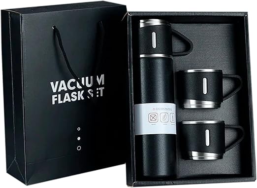 Garrafa Térmica de Aço Inox 500ml Com Kit 3 Xícaras Canecas Café Chá Bebidas Quentes e Frias Com Tampa Antivazamento Água Camping Acampamento Embalagem de Presente